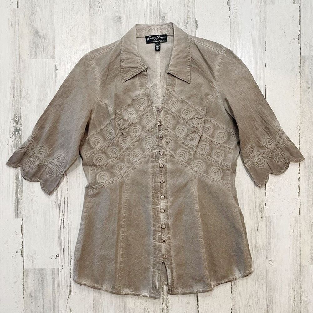 Getty Zueger Two Tone Taupe Button Up Blouse Size XL